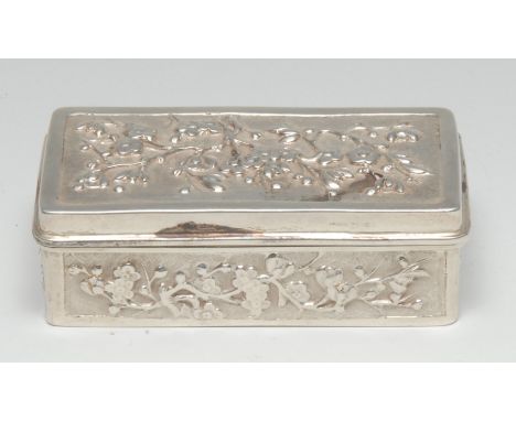 A Chinese silver rectangular snuff box, chased with blossoming prunus, 8cm wide, Wang Hing &amp; Co, Hong Kong, c.1900