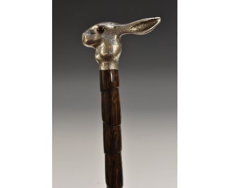 A late Victorian novelty silver and bamboo walking stick, by Brigg of London, stamped, cast and chased as a hare's head, inse