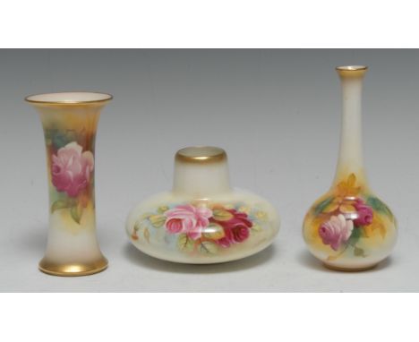 A Royal Worcester bottle vase, long  neck, painted by Millie Hunt, signed, with roses in Hadley style, 13cm high, date code 1