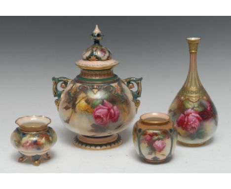 A Royal Worcester James Hadley two handled ovoid vase and cover, decorated with large yellow and red cabbage roses, the shoul