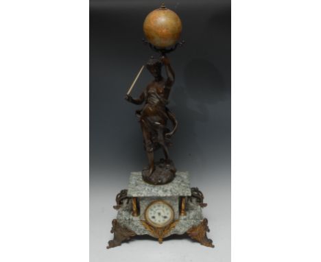 An unusual French gilt metal mounted veined marble cartographic library clock, 8cm dial with Arabic numerals, twin-winding ho