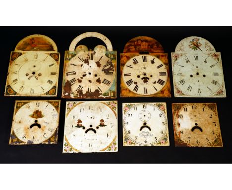 A George  III longcase clock face, Pegler, Blandgord; others enamelled (8)