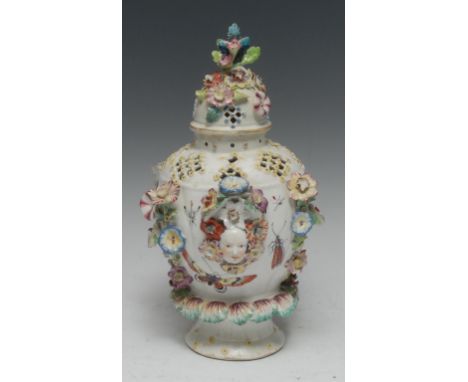 An early Derby ovoid frill potpourri vase and cover, modelled by or after Jonathan Boot with a pair of masks and profusely or