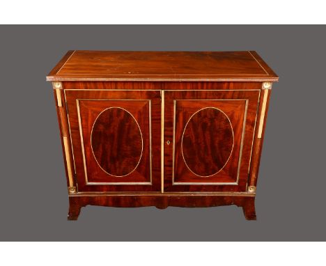 A 19th century mahogany and parcel-gilt collector's cabinet, moulded rectangular top above a pair of panel doors enclosing fo