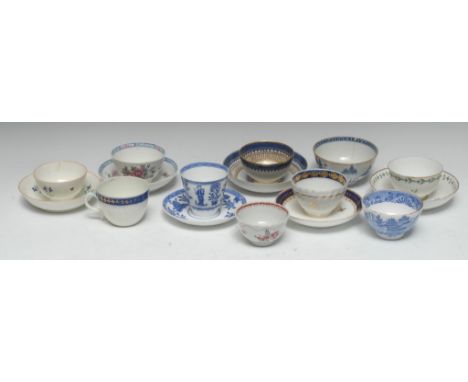 A New Hall tea bowl, decorated in the Famille Rose palette, c.1800; others, Chamberlain Worcester; Chantilly Sprig; others, v