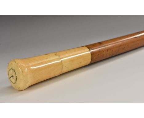 An 18th century gentleman's novelty ivory and malacca walking stick, the sectional rounded tapering grip turning off to revea