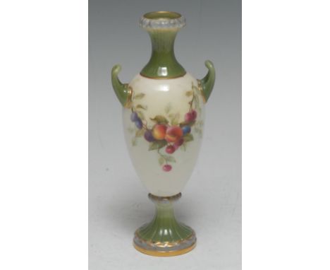 A Royal Worcester slender ovoid two handled vase, painted with fruiting branches, the fluted neck and base in green, 15.5cm h