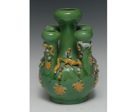 An unusual Chinese porcelain five-section specimen bottle vase, applied with squirrels and ripe berries and moulded in relief