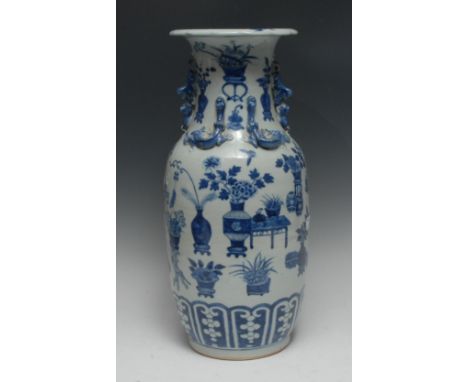 A large Chinese baluster vase, painted in underglaze blue with precious objects and flowers above scrolling lappets, the neck