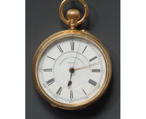 A late Victorian 18ct gold centre seconds chronograph pocket watch, white enamel dial, marked Improved Chronograph, 72511, bo