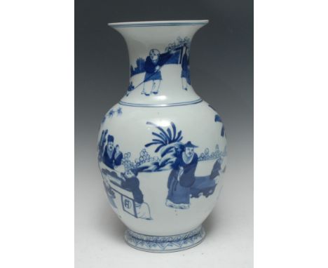 A large Chinese porcelain baluster vase, painted in underglaze with wise elders instructing youth in a stylized landscape, ea