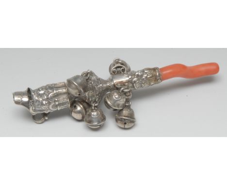 An 18th century silver baby's rattle, chased with flowers, scrolls and architectural arches, whistle terminals, eight bells, 