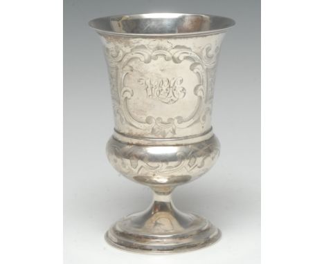 A William IV silver campana pedestal goblet, engraved with leafy strapwork and panels of flowers, domed circular foot, John, 