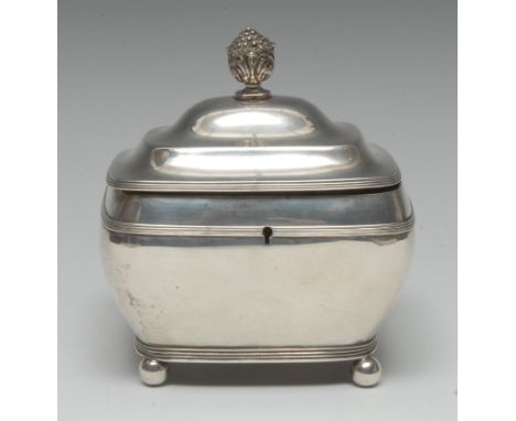 An early 19th century Dutch silver rounded rectangular tea caddy, acanthus bud finial, hinged domed cover, reeded borders, ba