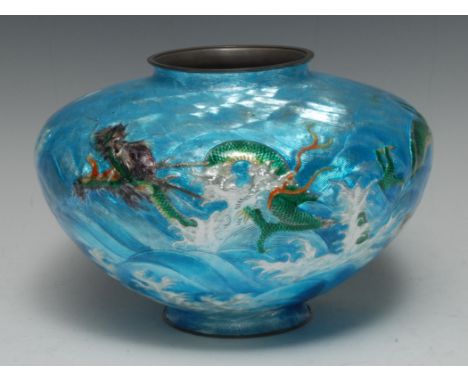 A Japanese silver and enamel compressed ovoid vase, chased and brightly decorated in polychrome with a ferocious dragon among