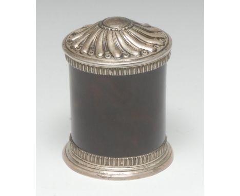 A Victorian silver mounted tortoiseshell cylindrical box, in the 17th century taste, domed spirally fluted cover, skirted bas