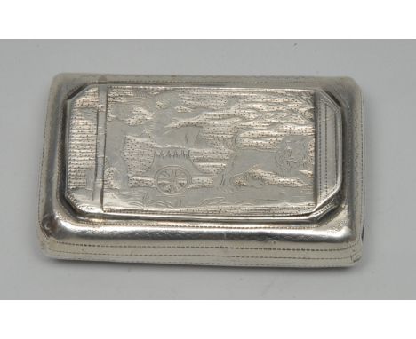 A George III silver rounded rectangular snuff box, bright-cut and wrigglework engraved with putto drawn in a chariot by a lio