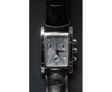 Longines - a stainless steel chronograph wristwatch, the tank case enclosing silvered dial with date aperture and subsidiary 