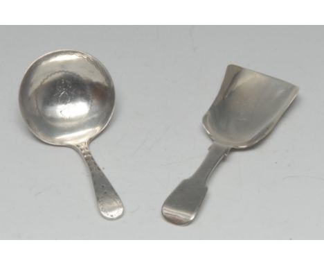 An early Victorian silver Fiddle pattern caddy spoon, shovel shaped bowl, 9cm long, George Unite, Birmingham 1846; another, G