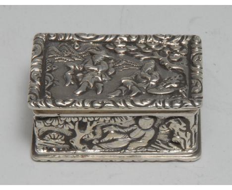 A 19th century Chinese silver rounded rectangular vinaigrette, chased overall with figures amongst blossoming prunus, hinged 