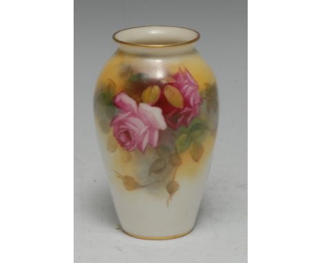 A Royal Worcester ovoid vase,  painted  by Millie Hunt, signed, with roses, 9.75cm high, printed crown and circle mark, shape