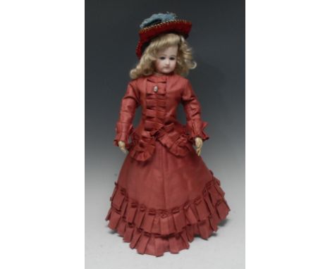 A rare early Portrait Jumeau Fashion bisque head Bebe, size 7,  French,  c.1880, fine pale bisque head, fixed blue glass pape