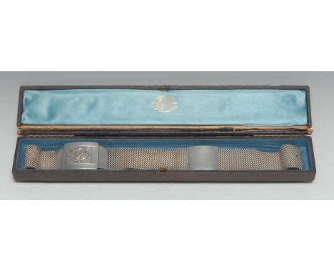 A Victorian silver belt, of substantial chain-link mesh, rectangular 'buckle' applied with a monogram, 80.5cm long, Henry Wil