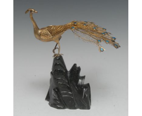 A Chinese silver-gilt model, of a Peking peacock, hardwood base, 19.5cm high, retailer's box