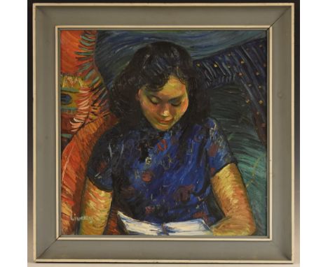 John Livesey (1926-1990)Portrait of a Japanese Beauty signed, inscribed to verso, oil on board, 55.5cm x 55.5cm