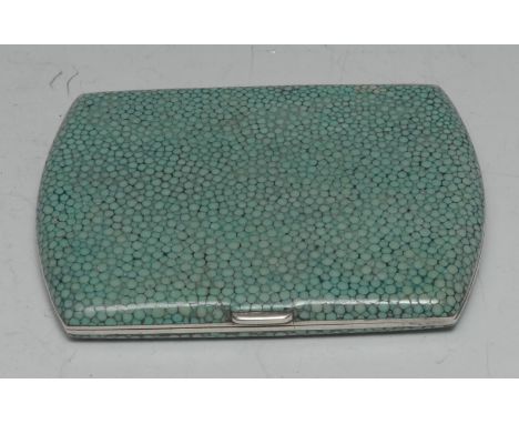 An Art Deco silver and shagreen rounded rectangular pocket cigarette case, sprung-hinged cover, gilt interior, 9cm long, make