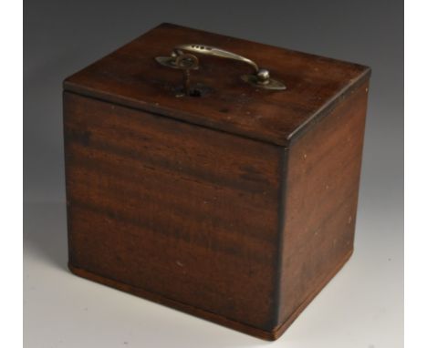 A George III silver mounted mahogany box or caddy, hinged cover with swan neck handle, lined interior, 15.5cm high, 17cm wide