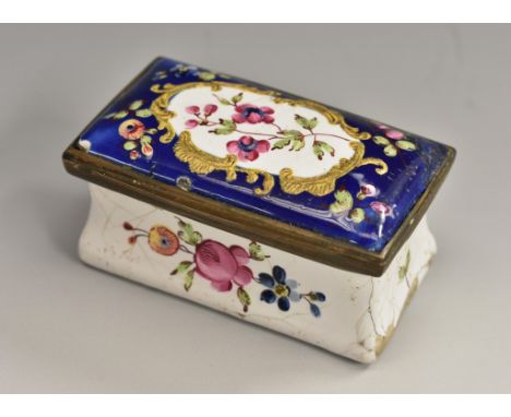 A George III South Staffordshire enamel waisted rectangular snuff box, painted with flowering sprigs, hinged cover, 5.5cm wid