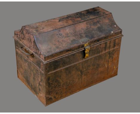 A George III tin mail coach travelling trunk, hinged lofty sarcophagus cover, the brass hasp with Royal coat of arms and mark