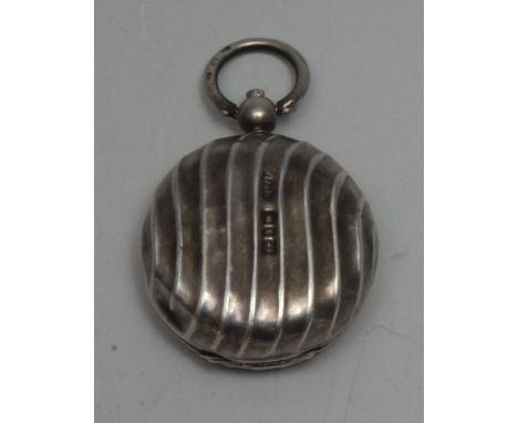 A Victorian silver wrythen-fluted circular sovereign case, loop suspension, 3cm diam, rubbed maker's mark, Birmingham 1893
