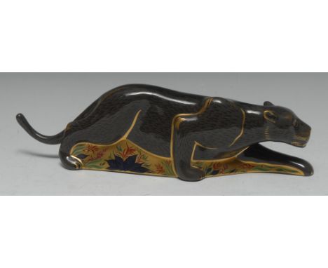 A Royal Crown Derby paperweight, The Black Panther, gold stopper, 34cm wide, printed mark in gold, boxed Condition Report: Go