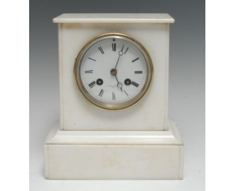 A 19th century French white marble mantel clock, of plain architectural design,  9cm enamel dial with Roman numerals and  Bre