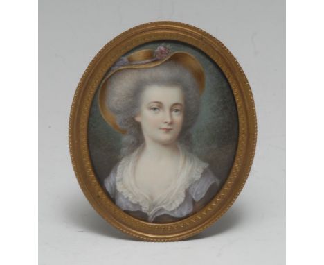 French School (19th century), a portrait miniature, of a lady wearing a bonnet and white trimmed lilac dress, oval,on porcela