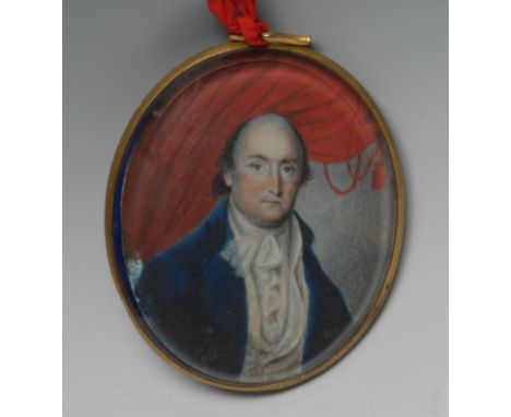 English School, 19th century, a portrait miniature, of a gentleman, head and shoulders, wearing a white stock and blue overco