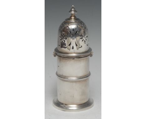 A George V silver lighthouse sugar castor, of Queen Anne design and substantial gauge, knop finial, domed cover, centre girdl