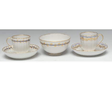 A Derby fluted coffee cup and saucer, pattern 122, the saucer 13.5cm diam, decorator's mark numbered 2 for Joseph Stables, pu
