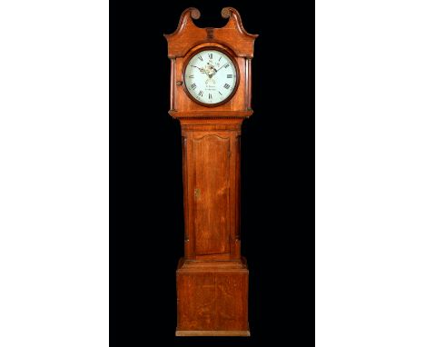 A George II oak long case clock with curly pediment supported on turned columns, dentil frieze above caveto moulding below ho