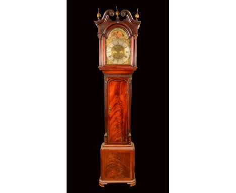 A George III Lancashire mahogany longcase clock, 33.5cm arched brass dial, inscribed William Kirk, Stockport, Roman and Arabi