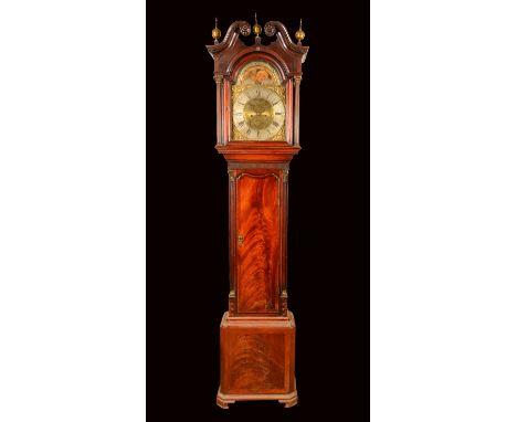 A George III Lancashire mahogany longcase clock, 33.5cm arched brass dial, inscribed William Kirk, Stockport, Roman and Arabi