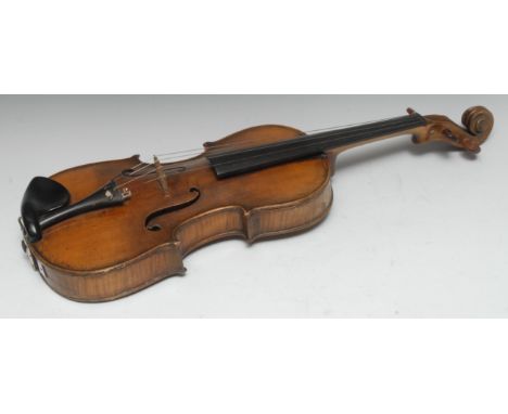 A violin, the two-piece back 36cm long excluding button, paper Stradivarius label, rosewood tuning pegs, outlined throughout 