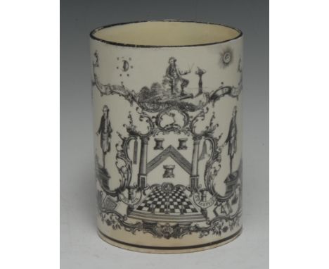 Freemasonry - a rare creamware cylinder mug, probably Liverpool, transfer-printed in black with vignettes of Masons and Mason