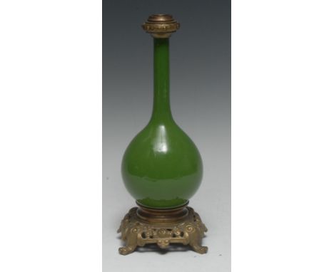 A Chinese monochrome ovoid bottle vase, glazed in tones of green, European mounted in gilt metal, 29cm high overall, 19th cen