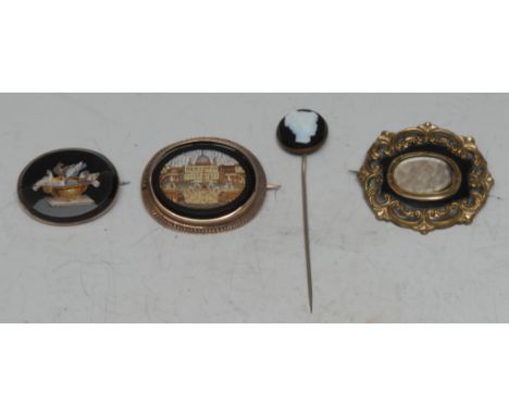 A Grand Tour oval micro mosaic brooch, St Peters Square Italy, yellow metal mount; another, inlaid with doves taking a drink;
