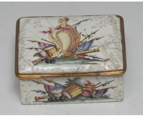 A George III South Staffordshire enamel rectangular table snuff box, painted with triumphal regalia, c.1770