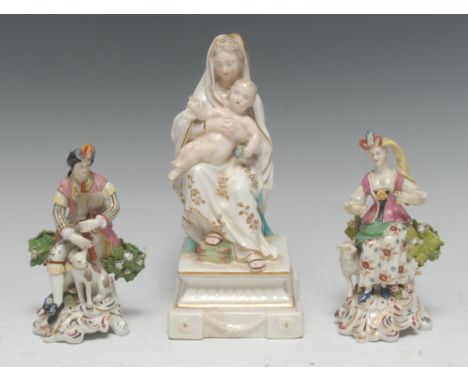A Derby Patch Mark figural group, The Prudent Mother, No. 138, modelled as a seated mother holding a toddler, square plinth b