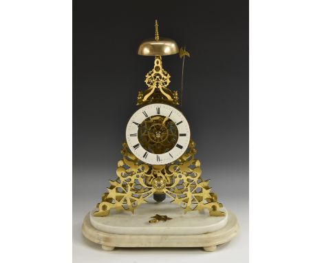 A mid 19th century brass skeleton clock, enamelled chapter ring, Roman numerals, signed White, Manchester,  fusee movement, s